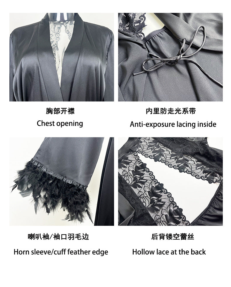 European and American Style Long Nightgown Lace Satin Patchwork Furry Cuffs Sexy Backless Loungewear Pajamas for Women809