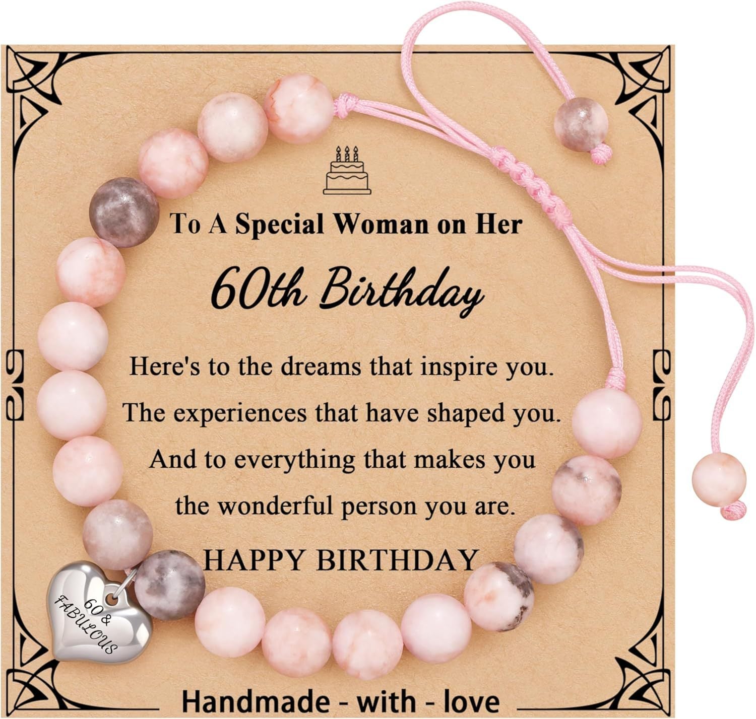 Sweet 18 Birthday Bracelet for Daughter - Personalized Heart Pink Zebra Stone adjustable Gift for 18th Birthday