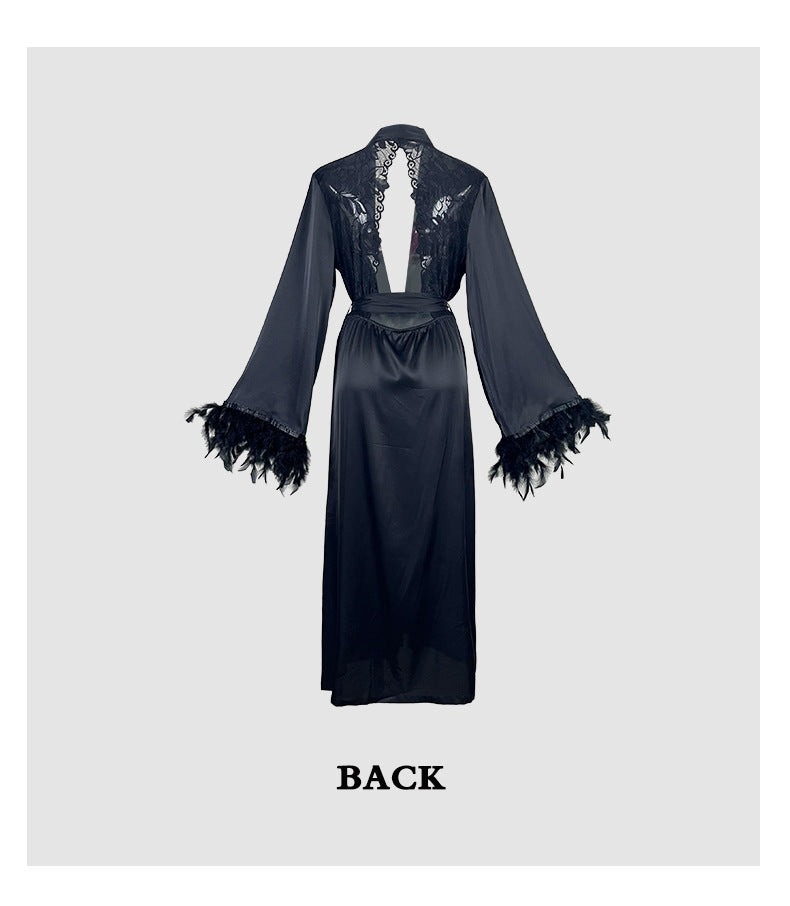 European and American Style Long Nightgown Lace Satin Patchwork Furry Cuffs Sexy Backless Loungewear Pajamas for Women809