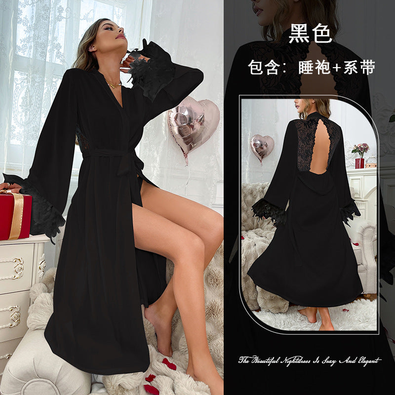 European and American Style Long Nightgown Lace Satin Patchwork Furry Cuffs Sexy Backless Loungewear Pajamas for Women809