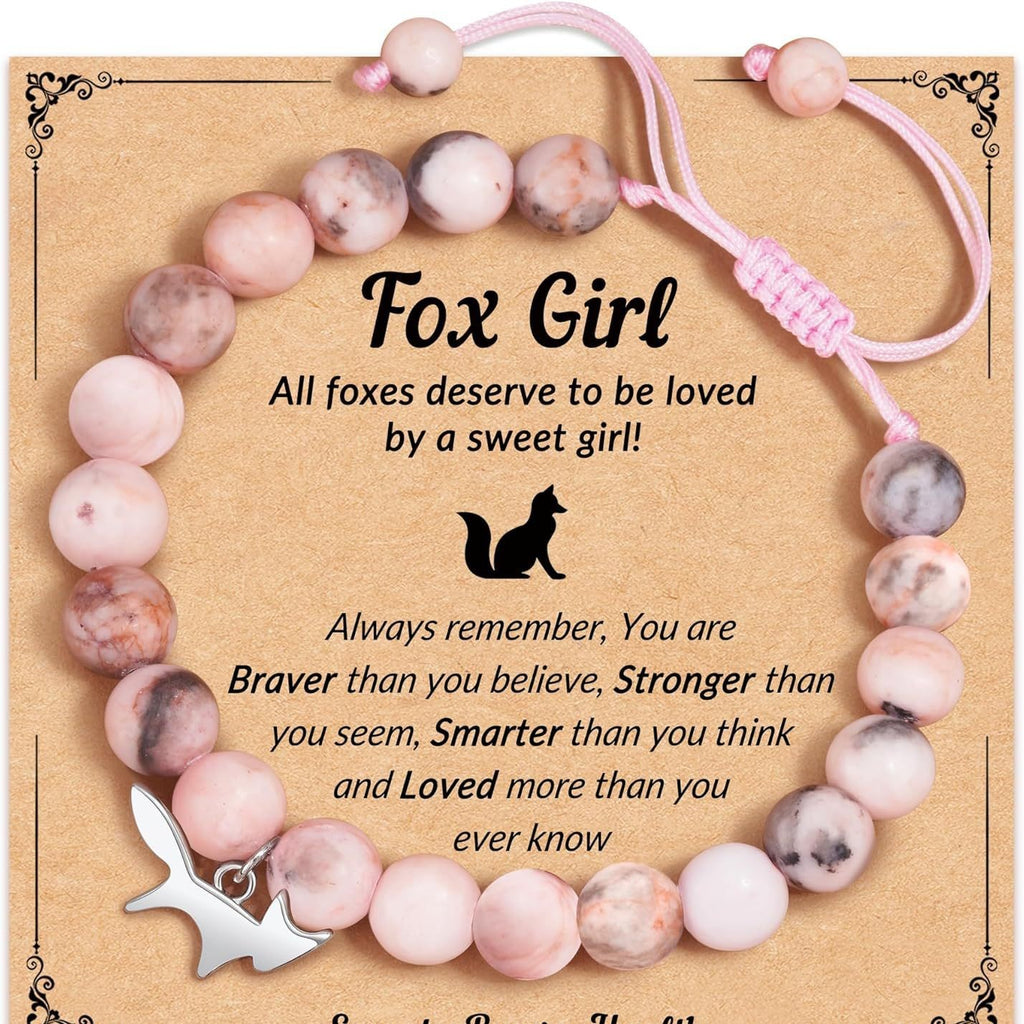 Fox Girl Charm Bracelet - Green Chrysoprase & Pink Zebra Stone Beaded Bracelet, Talisman for the Brave & Sweet