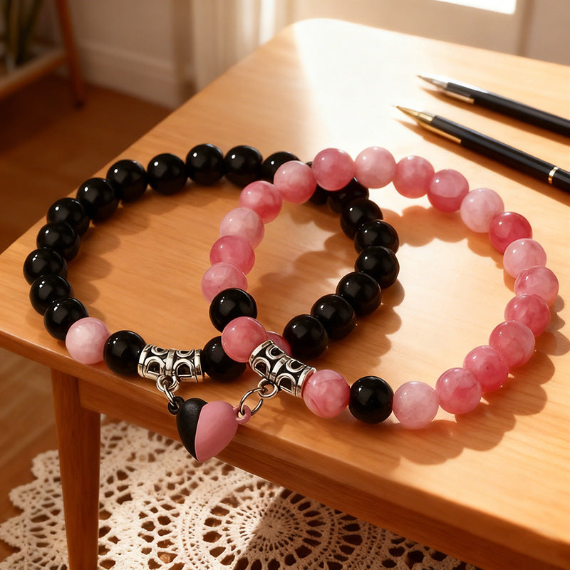 Natural Stone Energy Bracelets Set - Minimalist Stretch Bracelet with Heart Magnetic Clasp for Women (2 Pcs)