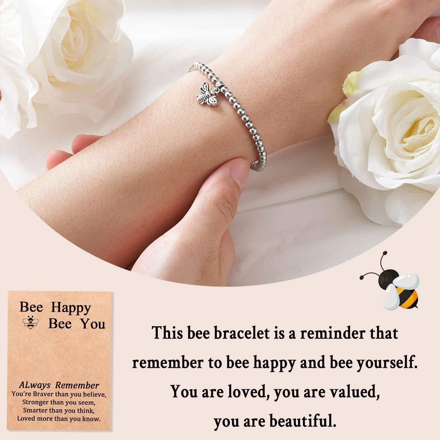 Bee, Elephant & Ladybug Charm Bracelet - Sterling Silver Plated Inspirational Gift for Women