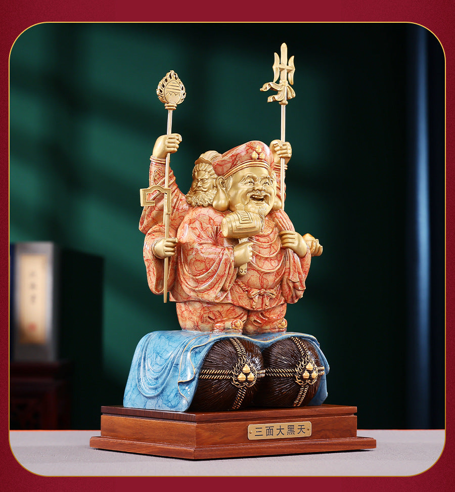 Brass Color-Cut Gold Large Three-Sided Black Heavenly God of Wealth Bronze Statue Home Decoration Craft Ornament