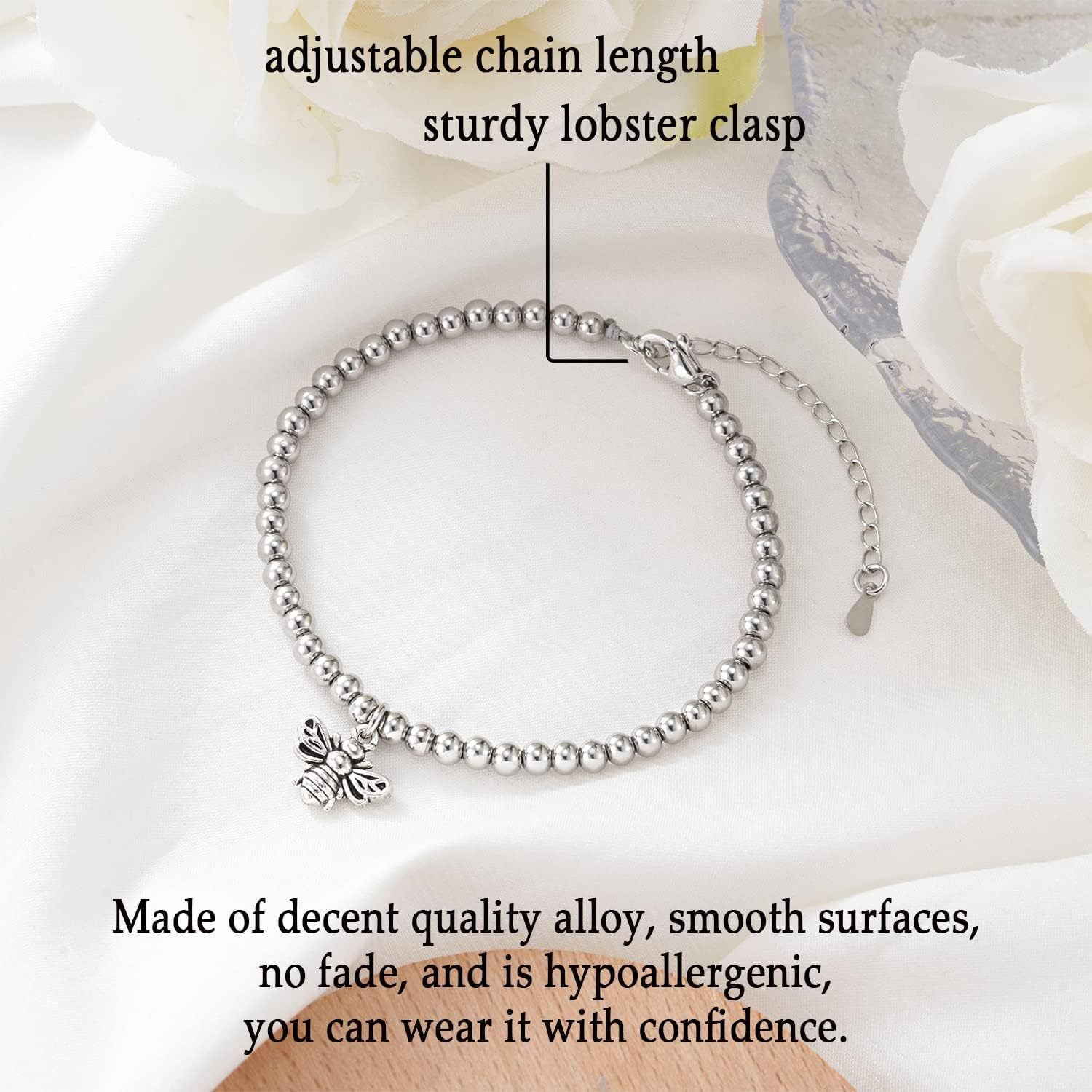 Bee, Elephant & Ladybug Charm Bracelet - Sterling Silver Plated Inspirational Gift for Women