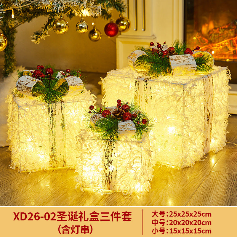 Christmas Decoration Iron Art Gift Box with Lights, Three-Piece Set Gift Box for Under the Christmas Tree Decoration