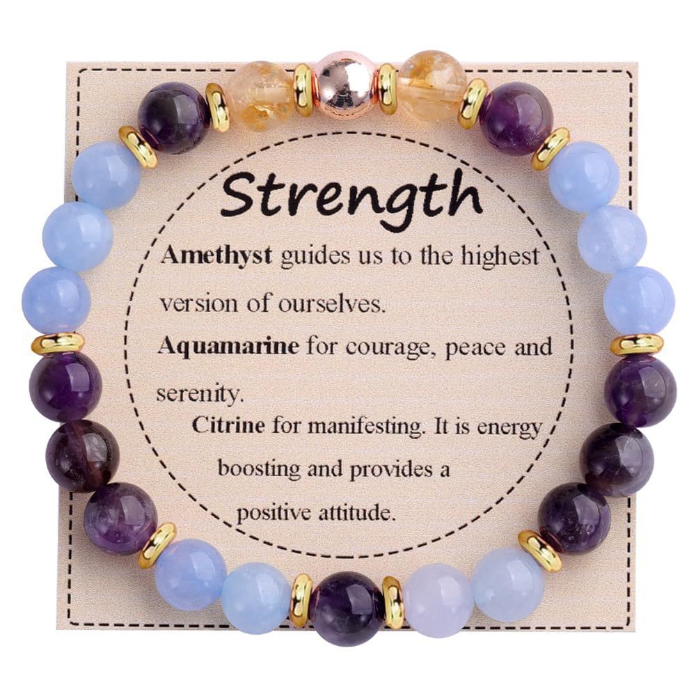 Strength" Triple Gemstone Bracelet - Amethyst, Aquamarine & Citrine Energy Bracelet for Women, Motivational Adjustable Gift
