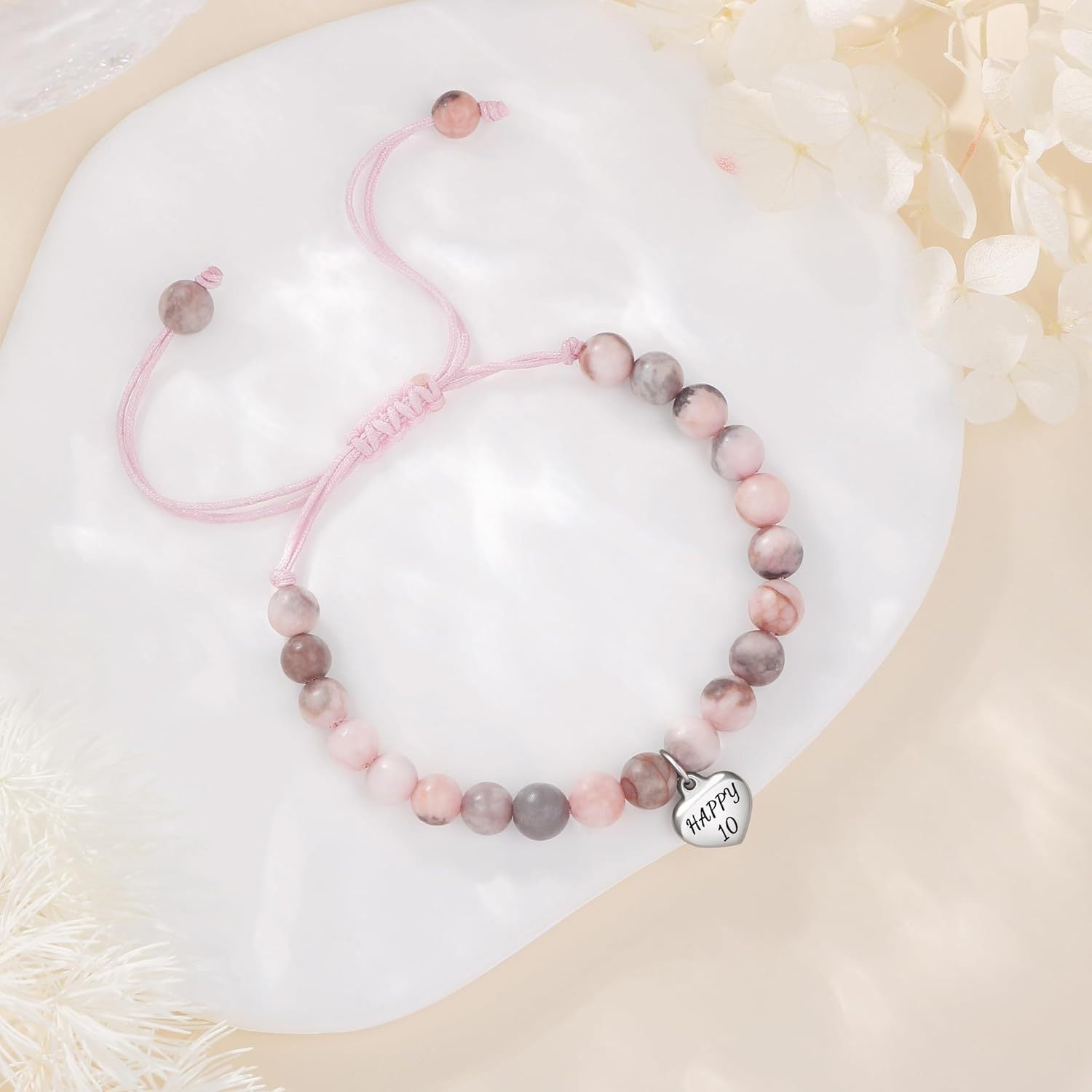 Sweet 18 Birthday Bracelet for Daughter - Personalized Heart Pink Zebra Stone adjustable Gift for 18th Birthday