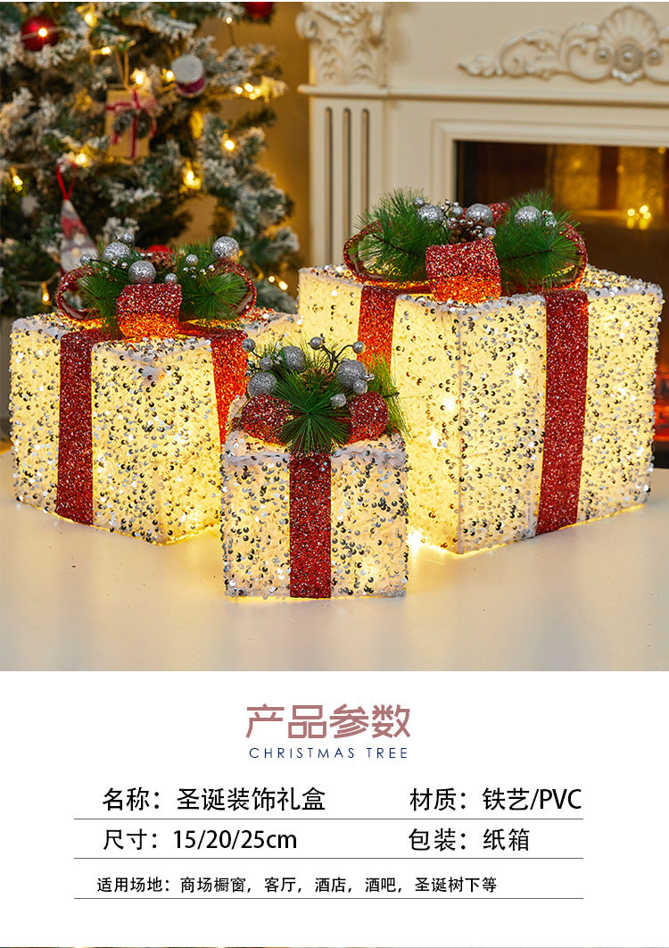 Christmas Decoration Iron Art Sequin Gift Box Glowing Under Christmas Tree Gift Box Three-Piece Set Window Display Decoration