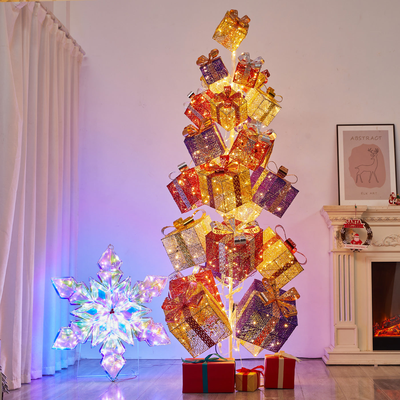 Amazon New Product Christmas Tree Decorations Glowing Gift Box Tree Store Window Display Christmas Reindeer Ornament