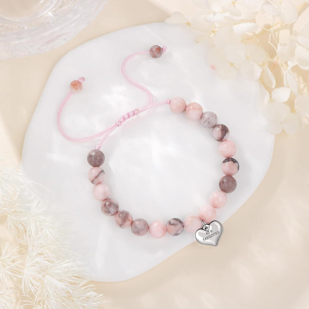 Sweet 18 Birthday Bracelet for Daughter - Personalized Heart Pink Zebra Stone adjustable Gift for 18th Birthday