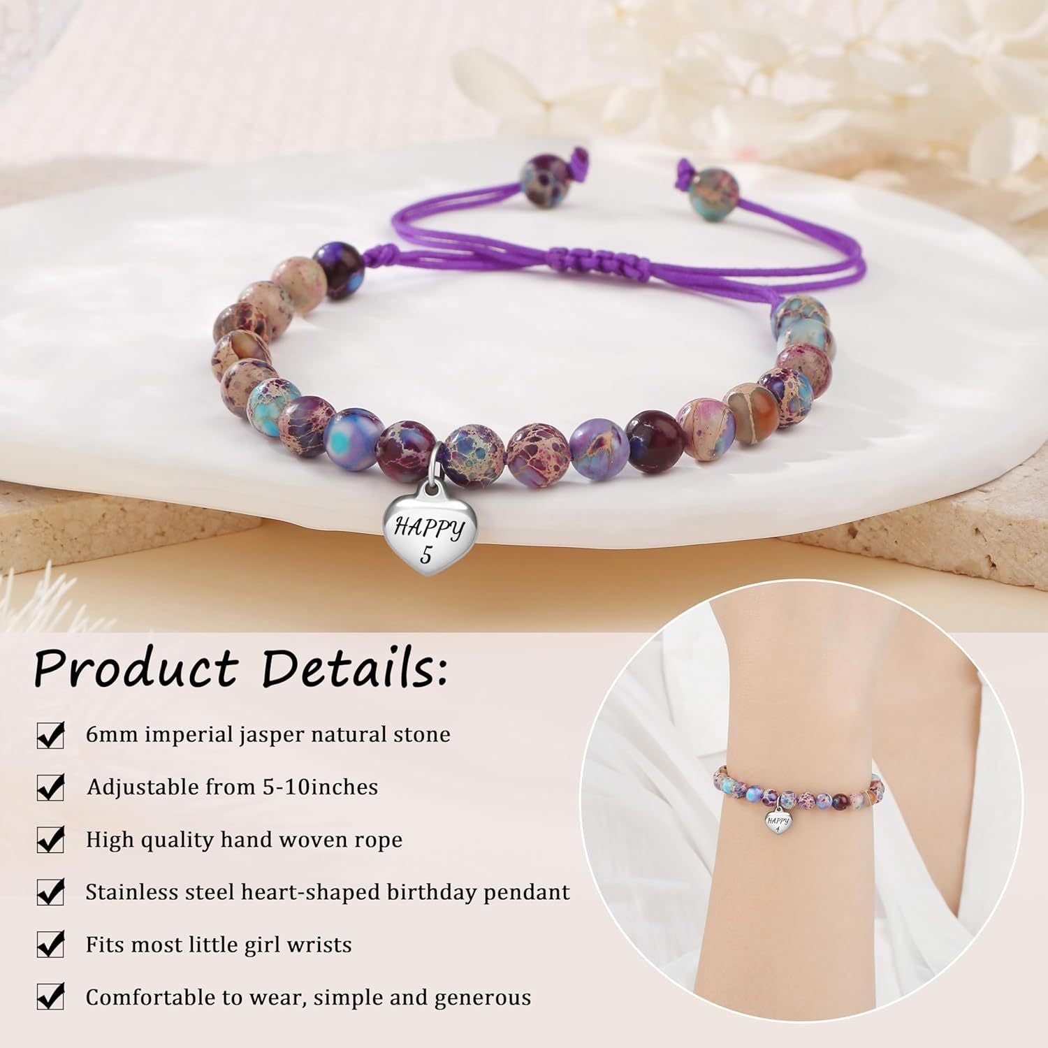 Sweet 18 Birthday Bracelet for Daughter - Personalized Heart Pink Zebra Stone adjustable Gift for 18th Birthday