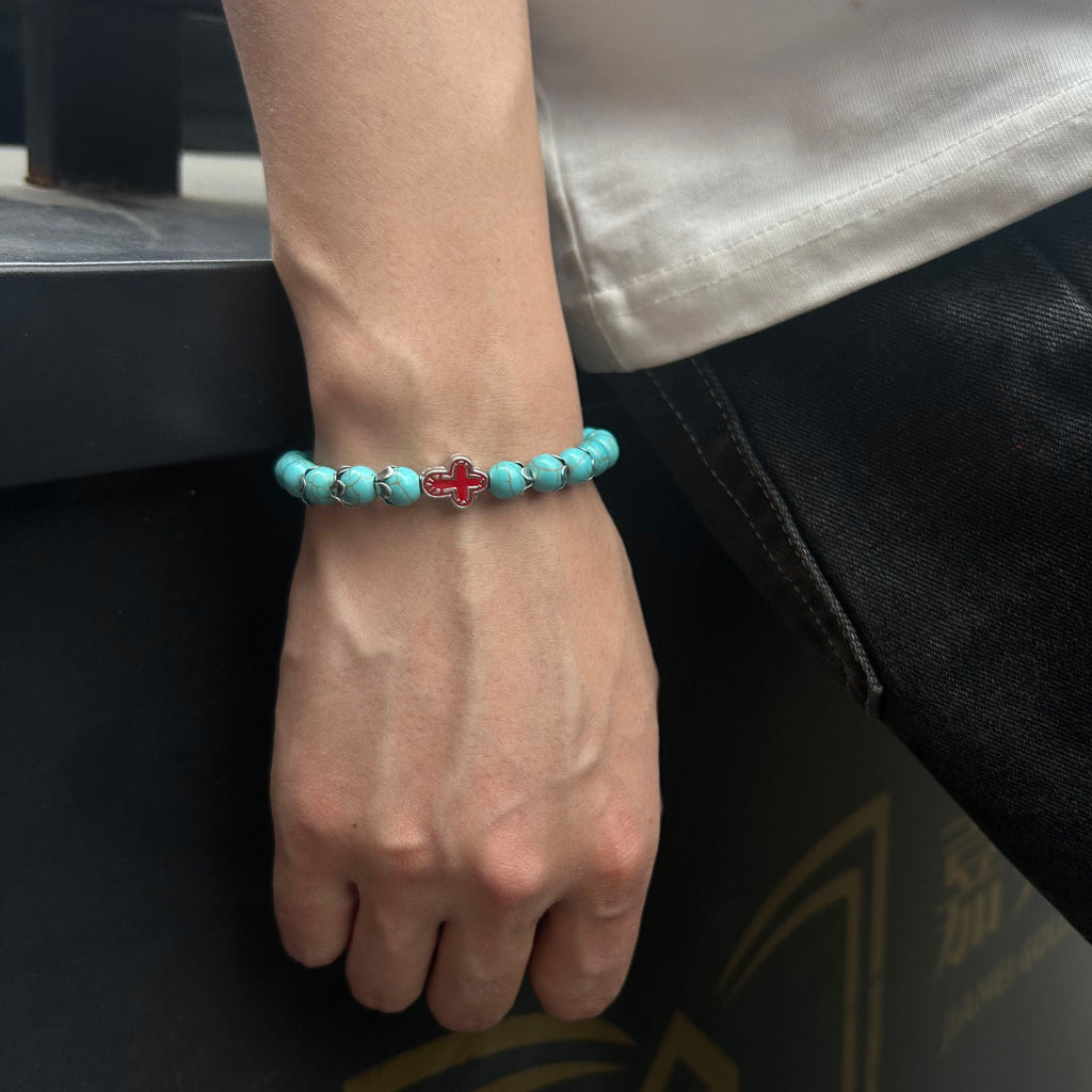 Turquoise Cross Protection Bracelet - Stretchable Natural Stone Beads Bracelet for Men & Women